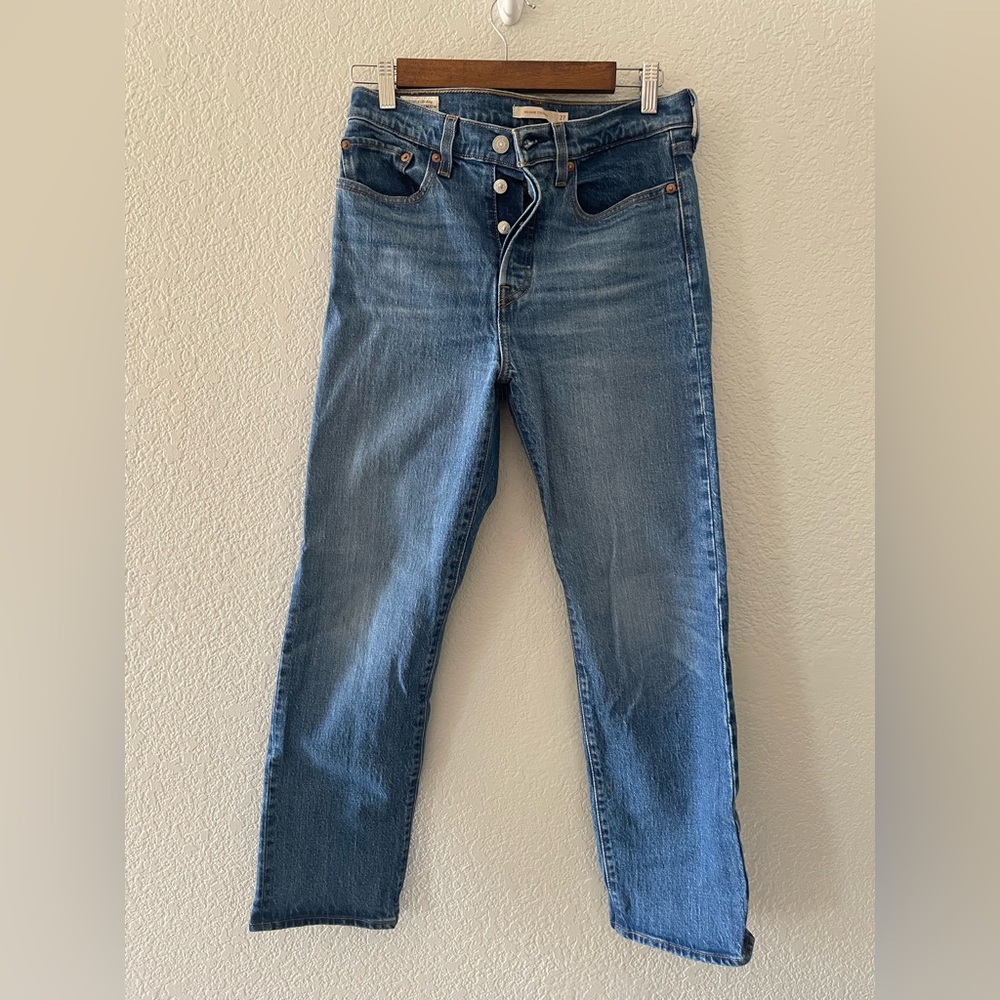 Levi’s Wedgie Straight High-Waisted Three Button Fly in Dark Blue